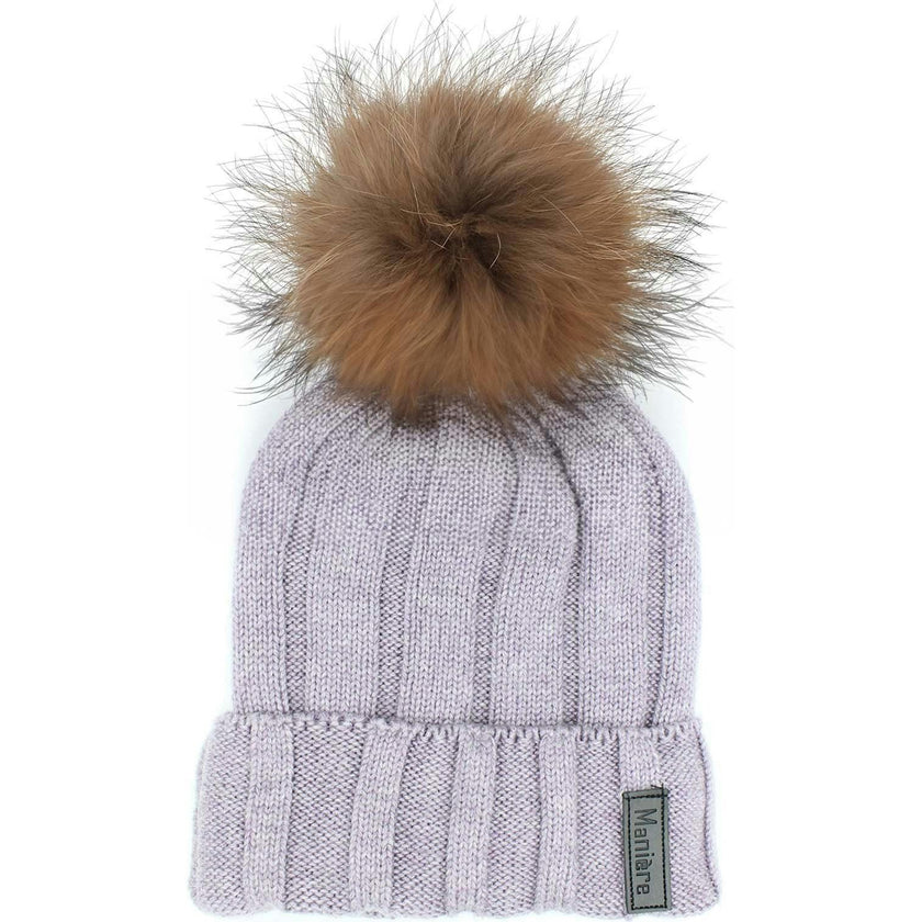Ribbed Merino Wool Faux Fur Pom Pom Hat