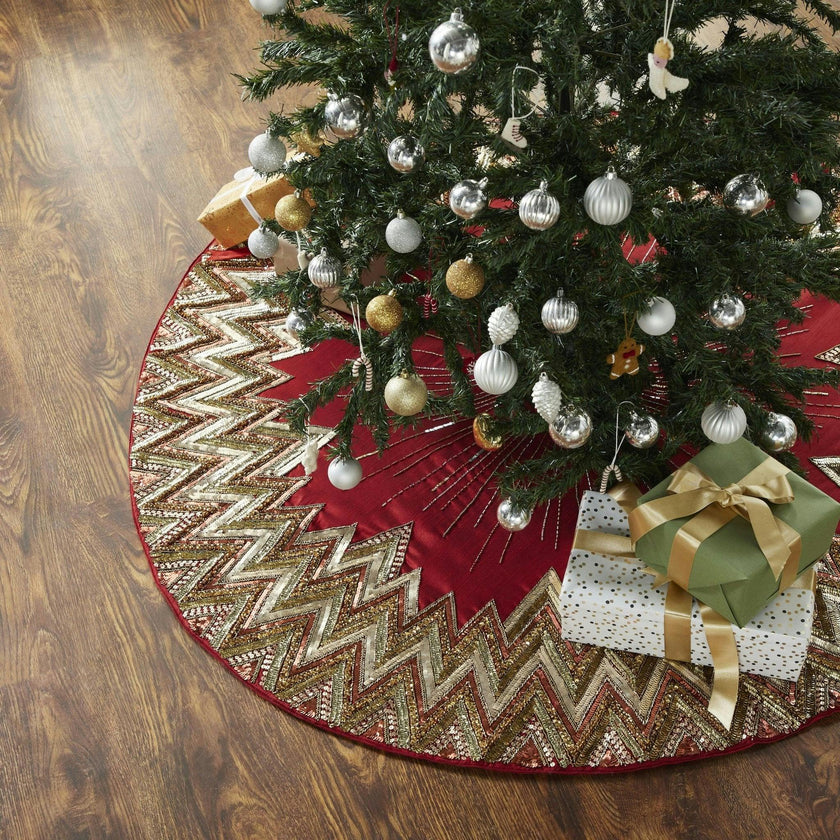 Hand Beaded Metallic Starburst Garnet Red Christmas Tree Skirt 60"