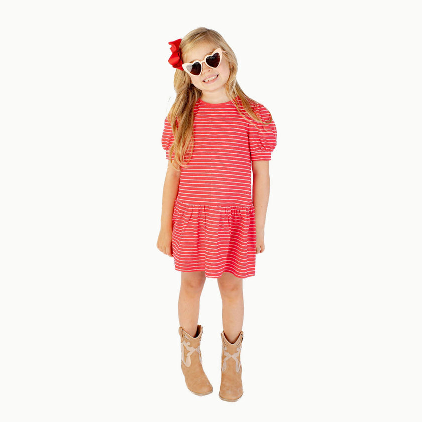Puff Sleeve Tennis Dress in Red & White Heart Stripe