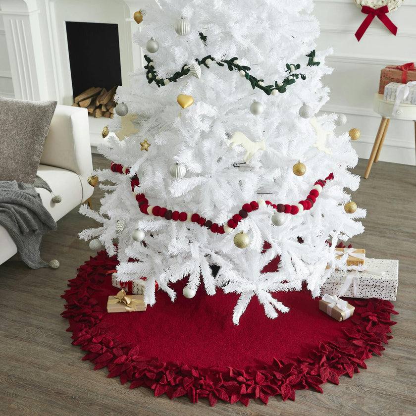 Hand Felted Wool Overlapping Flowers Border Maroon Christmas Tree Skirt 64"/72"