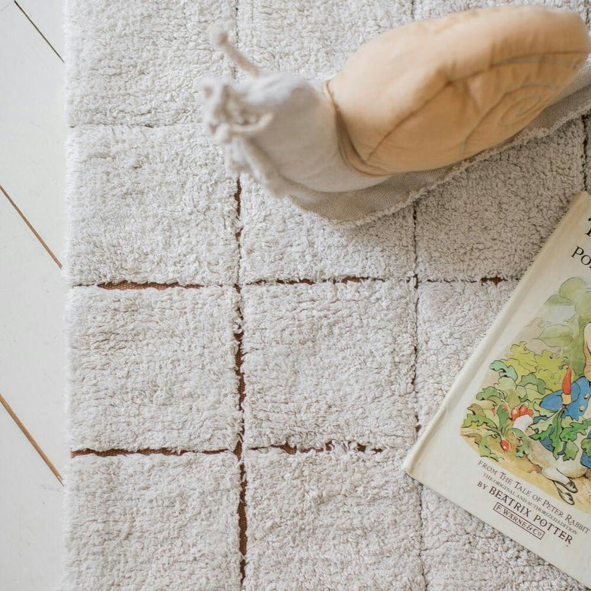 Washable Contrast Base Bordered Plush Tile Rug, Mosaic