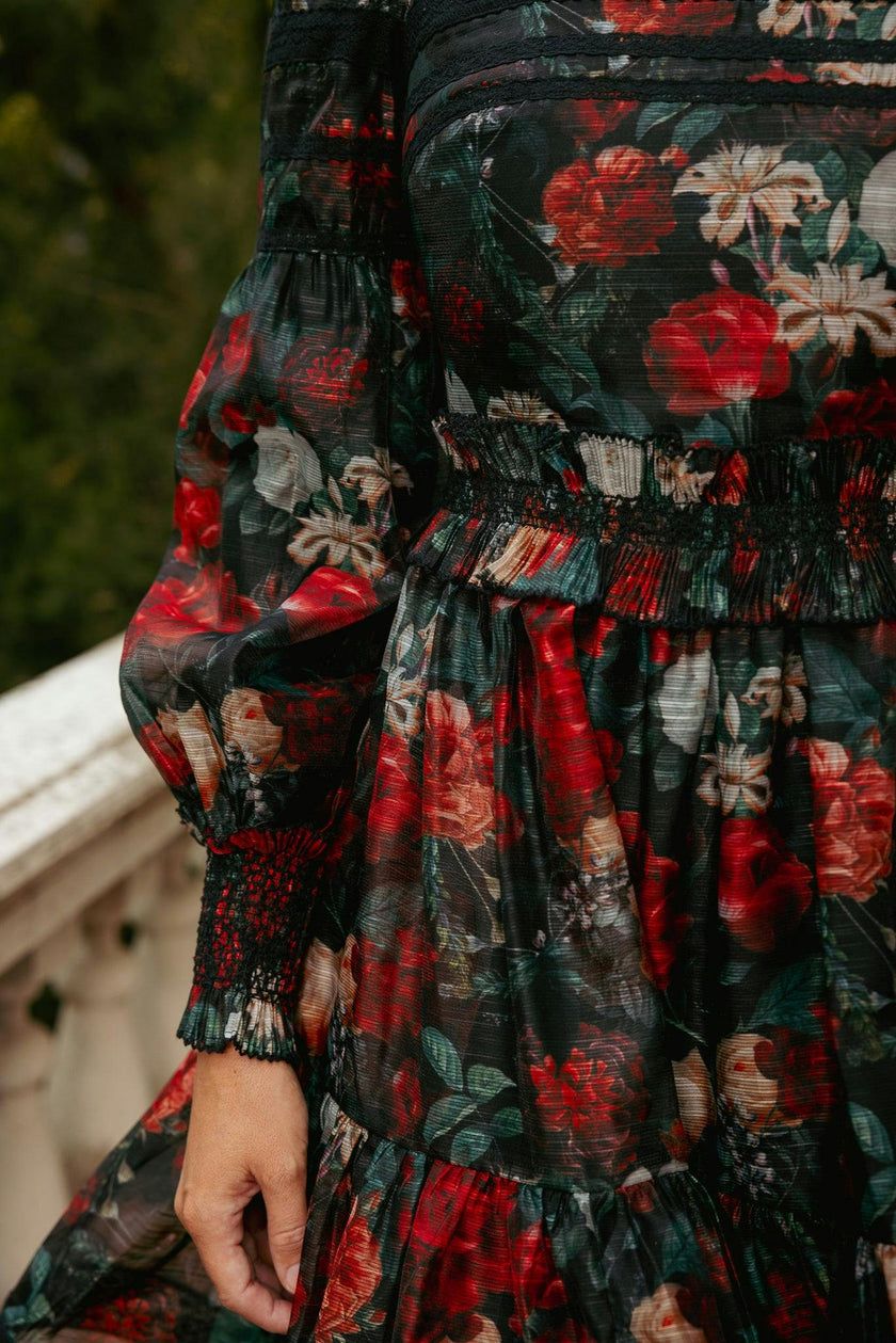 Evangeline Dress in Midnight Roses