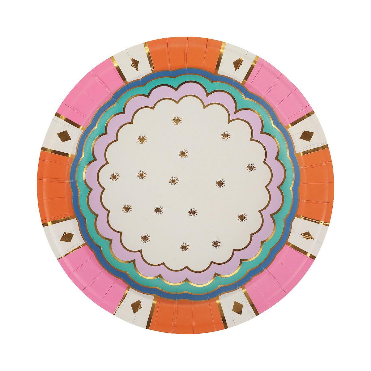 Packed Party Circus Soiree Dessert Plates 10ct - Gold Foil Colorful 3-Ply Party Plates, 8 Inch, 350 GSM for Circus and Carnival Birthdays