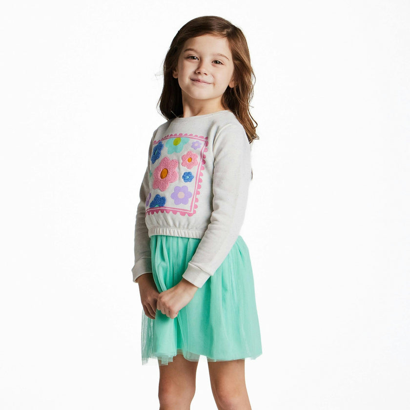Girls Chenille Floral Sweatshirt & Tulle Tank Dress Set | Aqua