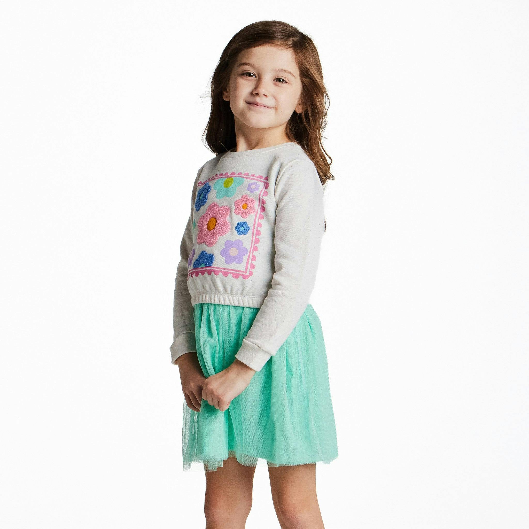 Girls Chenille Floral Sweatshirt & Tulle Tank Dress Set | Aqua