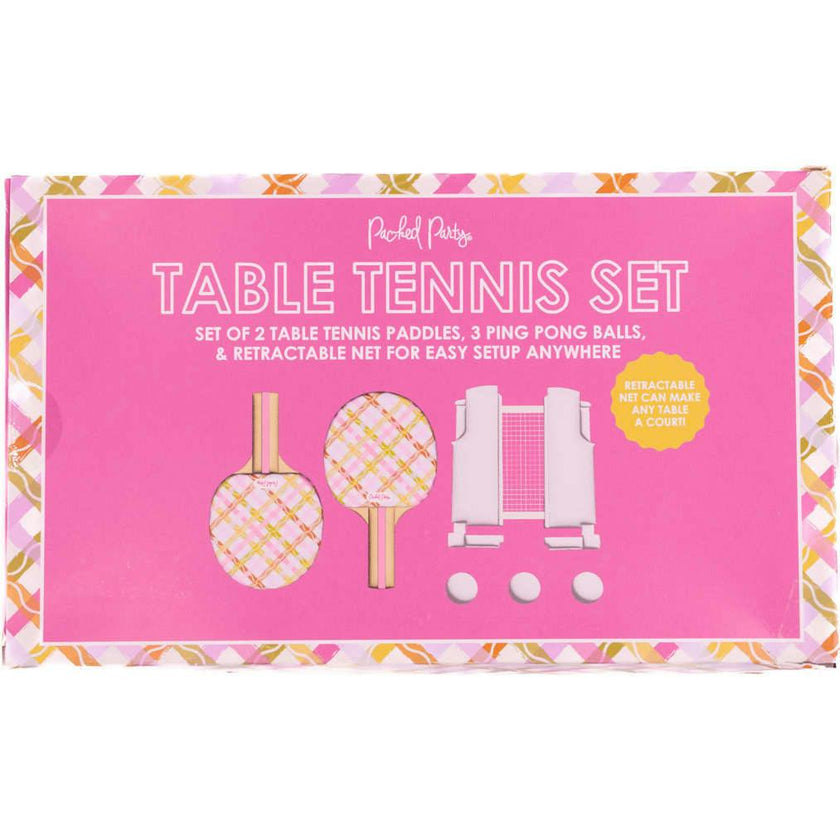 Packed Party Game Set Match Table Tennis Set - 2 Multicolor Plaid Wooden Paddles, 3 Balls, and Retractable Net for Any Table, 6-Piece Complete Set
