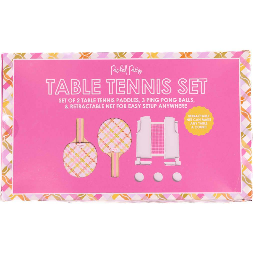 Packed Party Game Set Match Table Tennis Set - 2 Multicolor Plaid Wooden Paddles, 3 Balls, and Retractable Net for Any Table, 6-Piece Complete Set