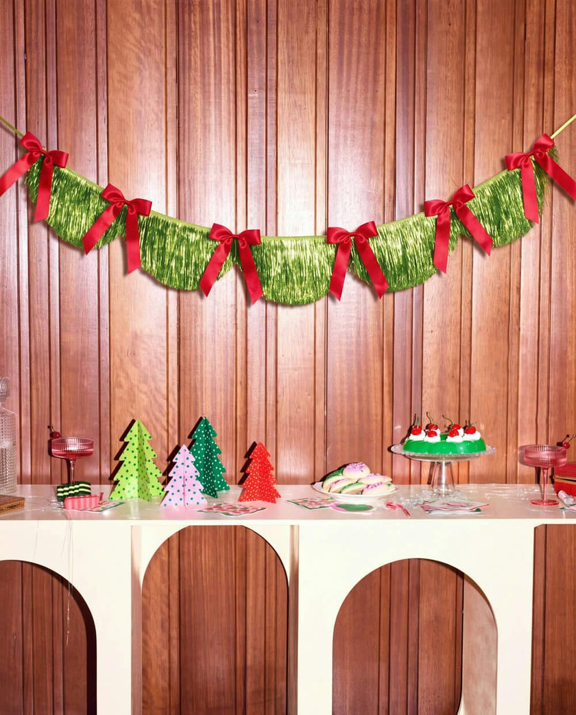 Holiday Bow Fringe Banner - festive scalloped banner