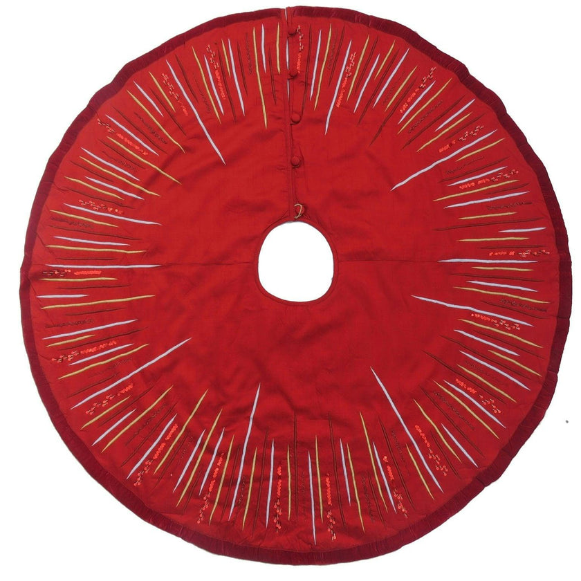 Hand Beaded Starburst Christmas Tree Skirt Red Silk - 60" Arcadia Home