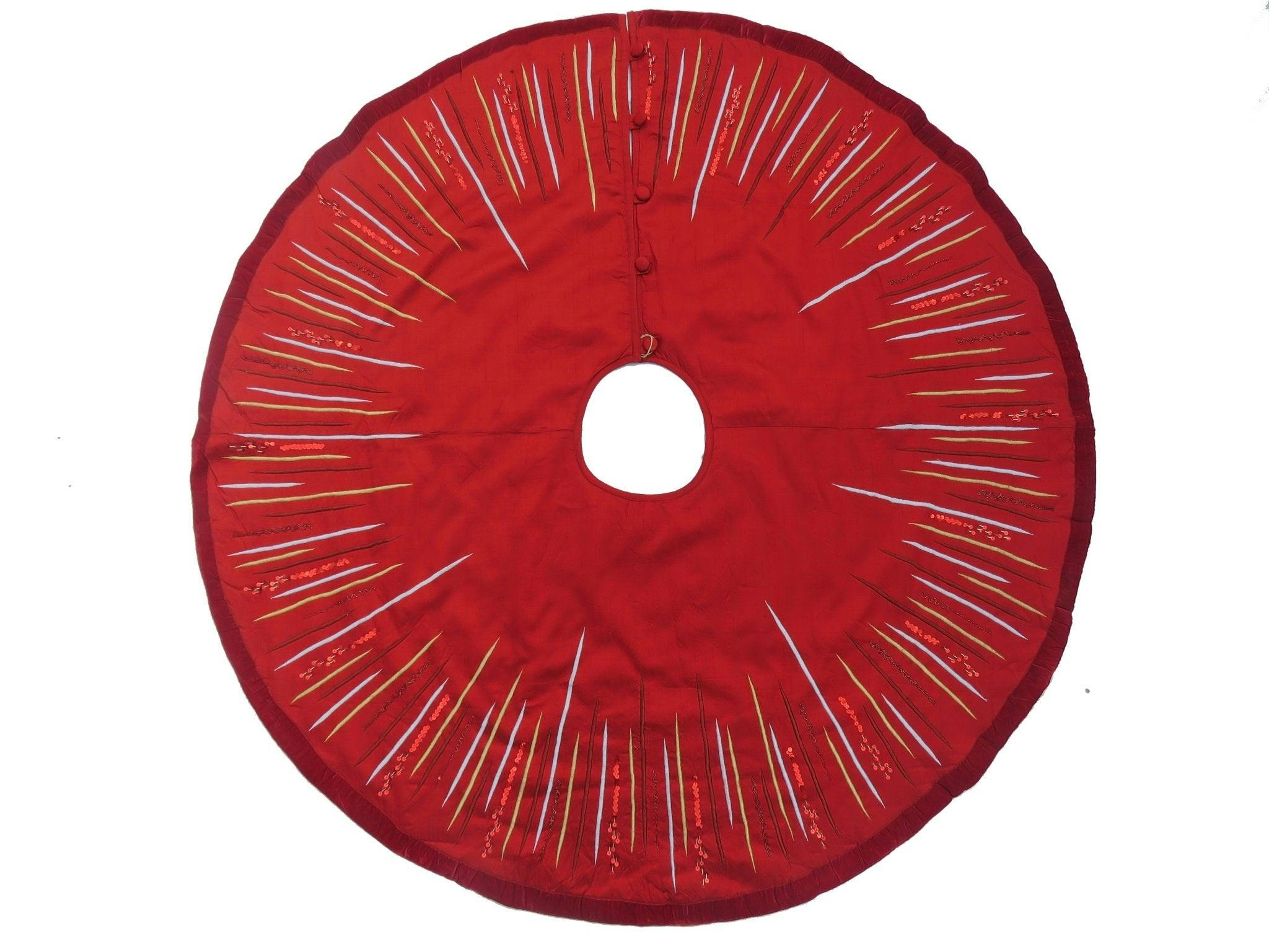 Hand Beaded Starburst Christmas Tree Skirt Red Silk - 60