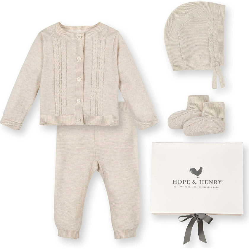 5 Piece Organic Sweater Cable Cardigan, Beige