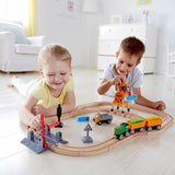 Hape: Crossing & Set - 32pc Wooden Train Cargo Railroad Yard