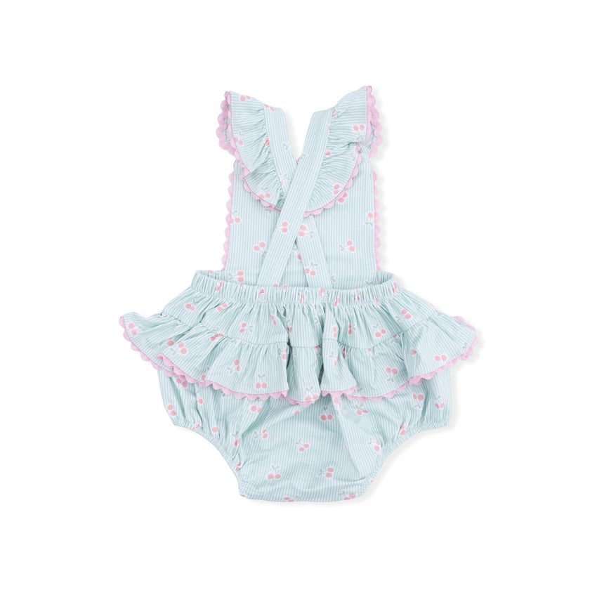 Tiny Cherry Stripe - Ric Rac Ruffle Sunsuit