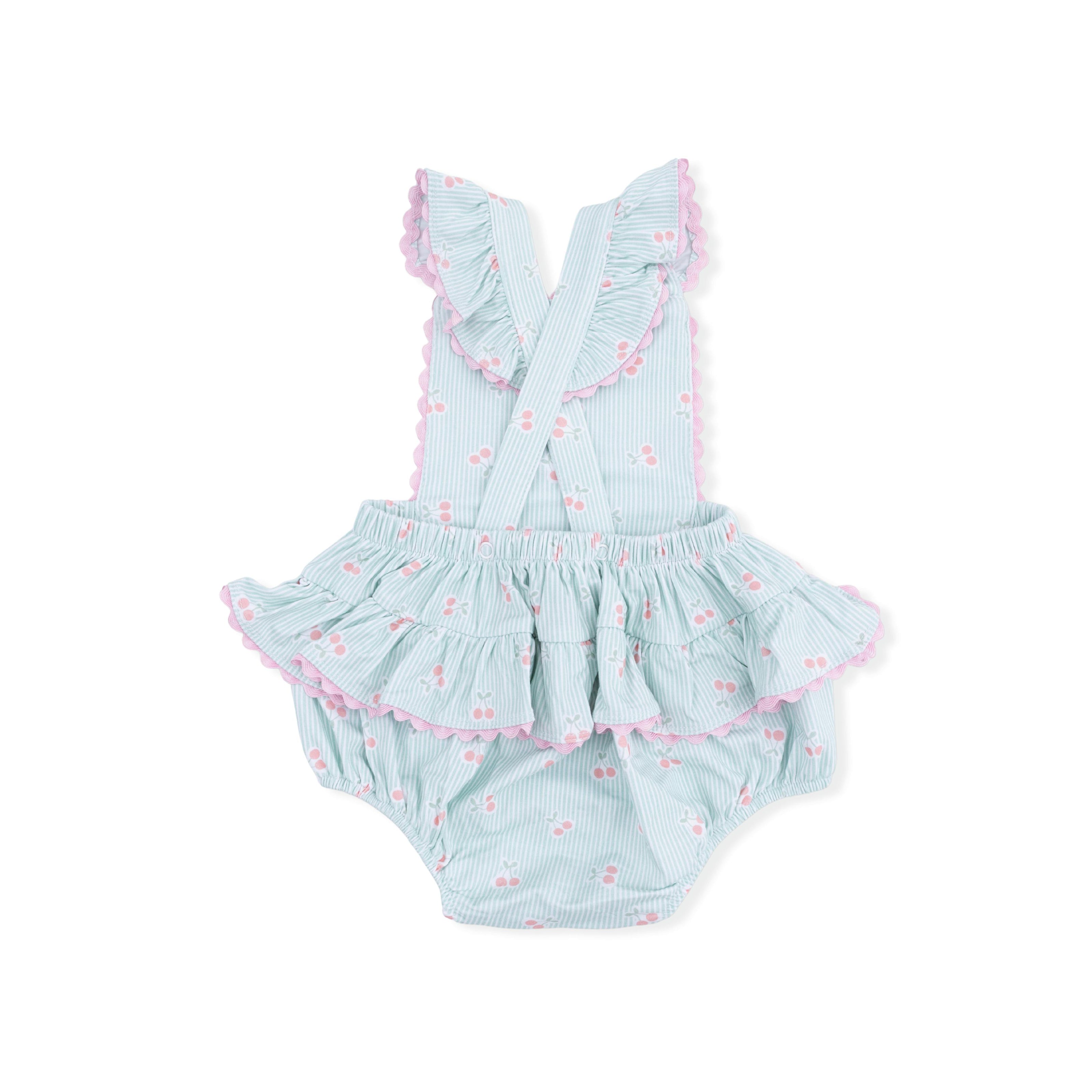 Tiny Cherry Stripe - Ric Rac Ruffle Sunsuit