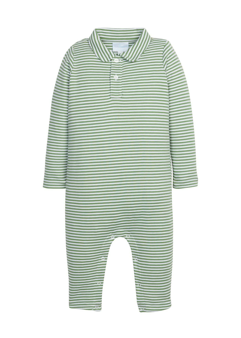 Long Sleeve Polo Romper - Watercress Stripe
