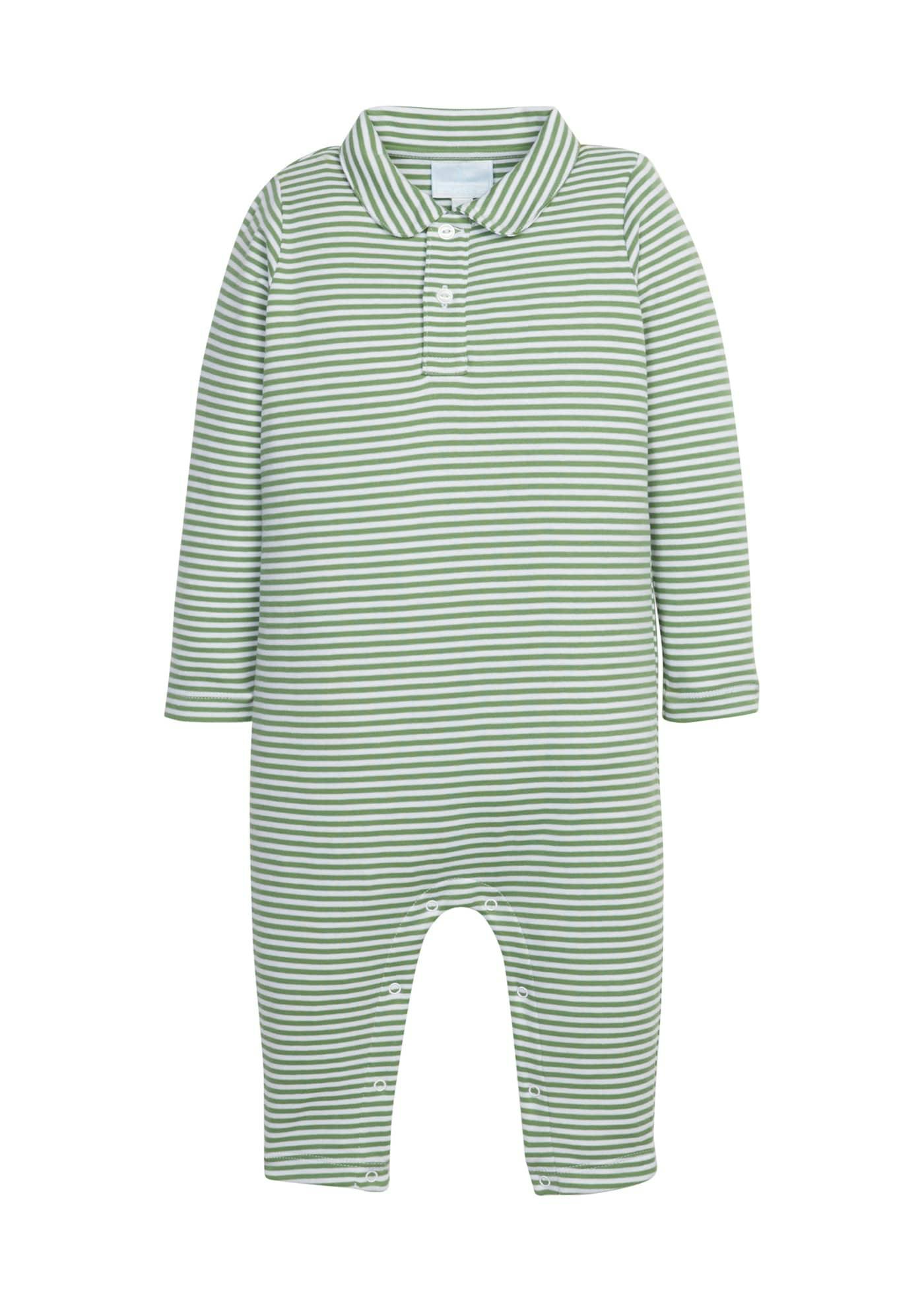 Long Sleeve Polo Romper - Watercress Stripe