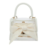 Packed Party Clear Mini Crossbody Bag - White Trim with Gold Chain Strap, Removable Satin Bow Scarf, Top Handle, 7x3.5x5 Inch