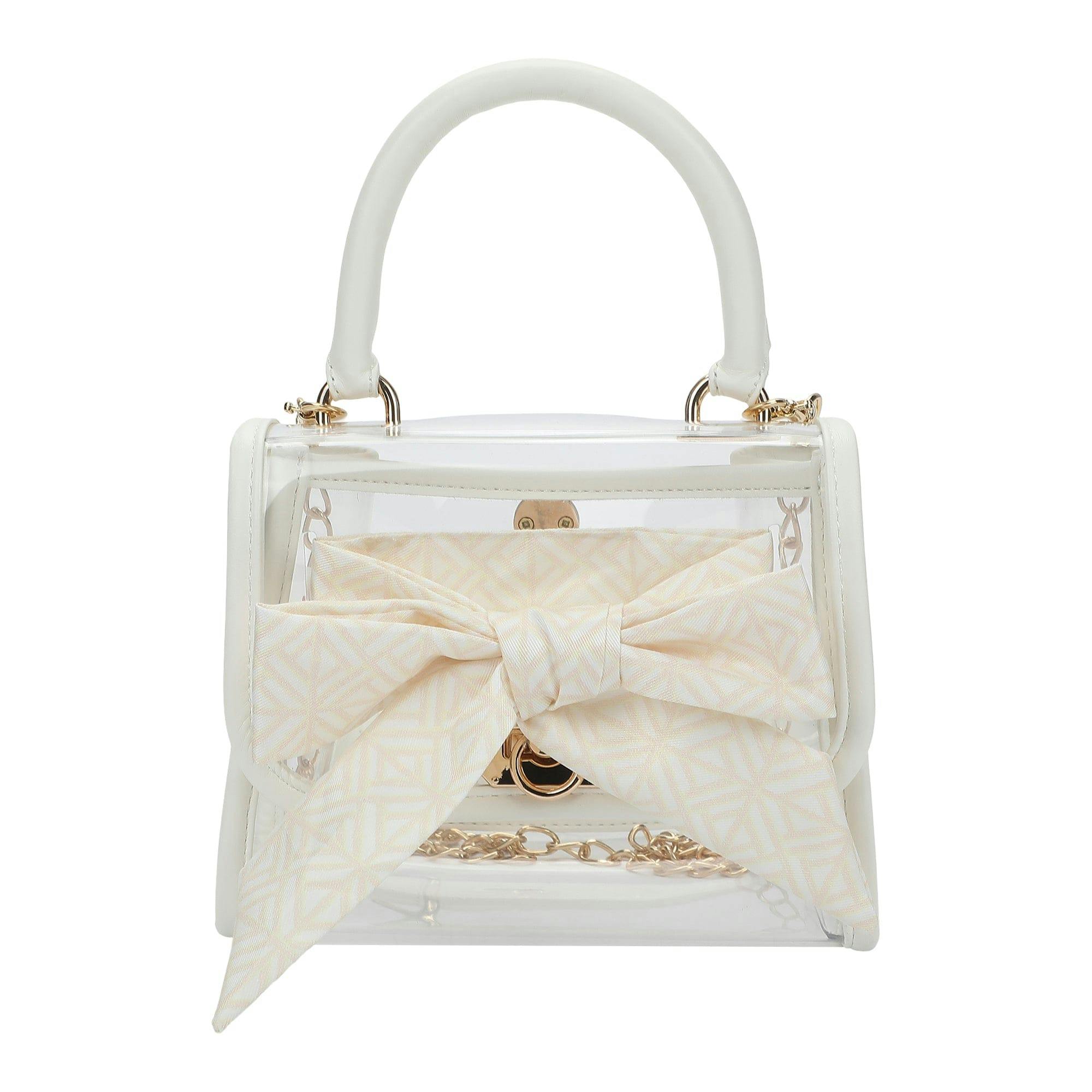 Packed Party Clear Mini Crossbody Bag - White Trim with Gold Chain Strap, Removable Satin Bow Scarf, Top Handle, 7x3.5x5 Inch