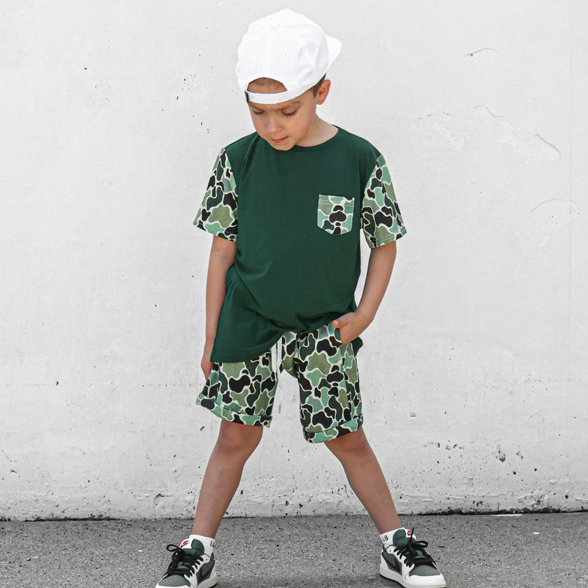 Green Distressed Camo Lounge Pocket Tee & Shorts Set
