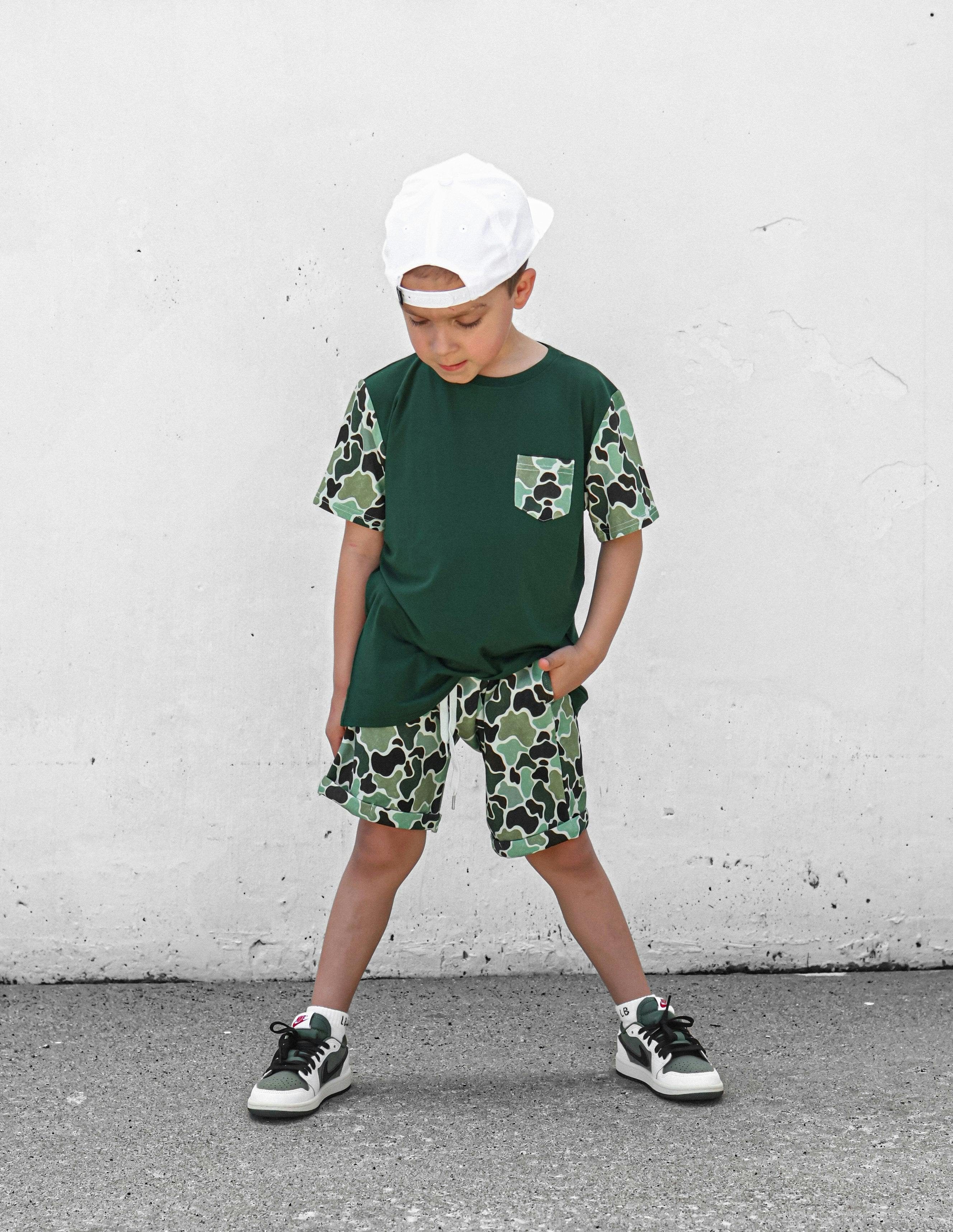 Green Distressed Camo Lounge Pocket Tee & Shorts Set