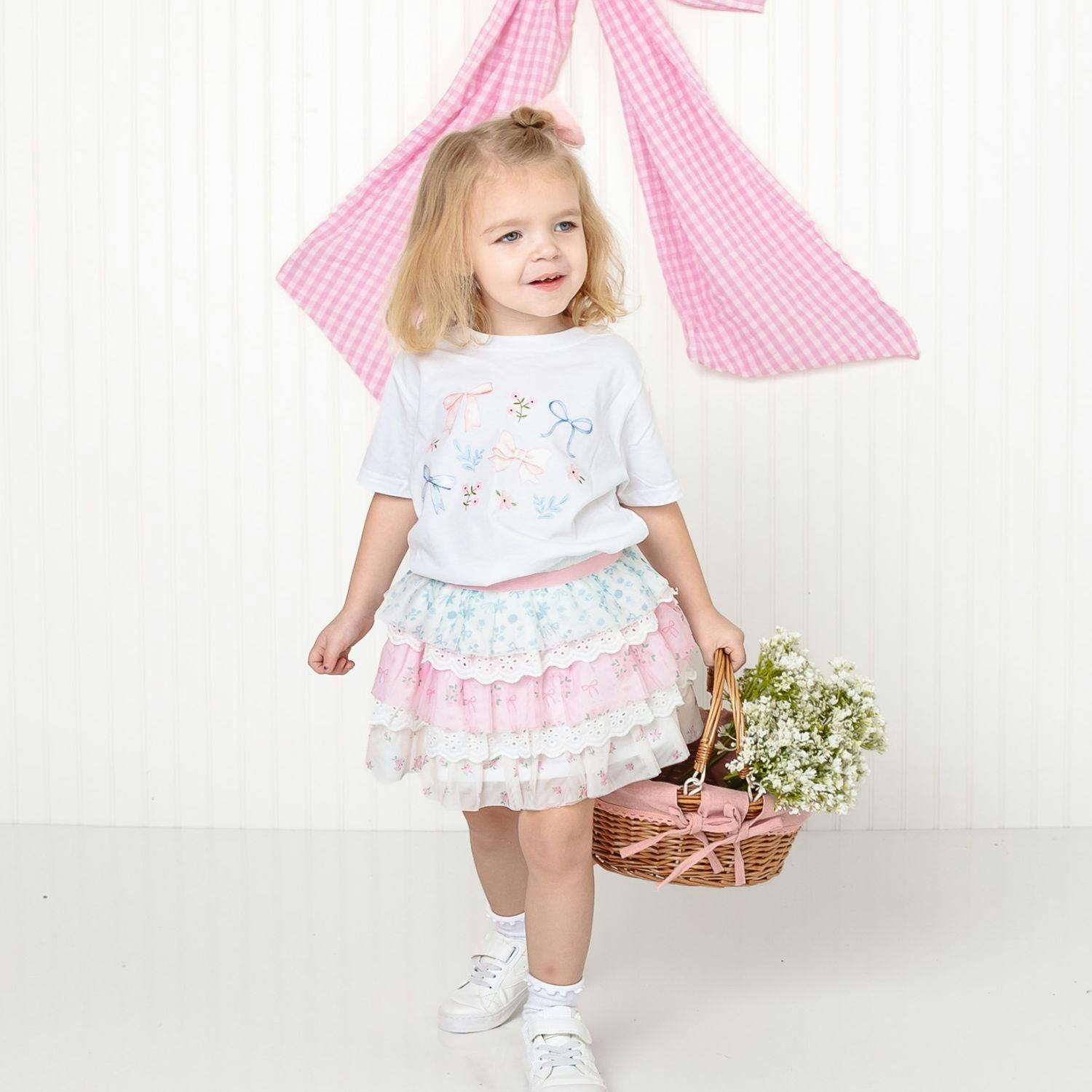 Floral & Bow Watercolor Short Sleeve T-Shirt - White