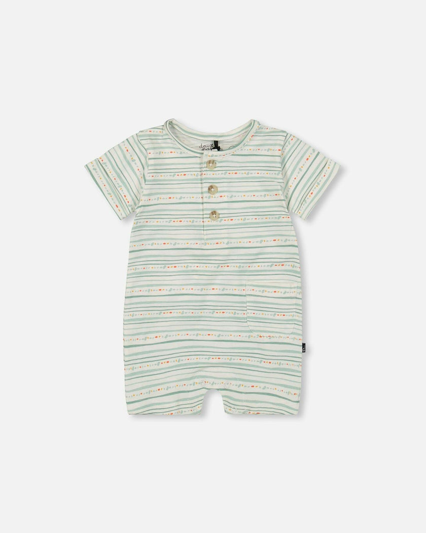 Organic Cotton Romper White Printed Mint Green Lines
