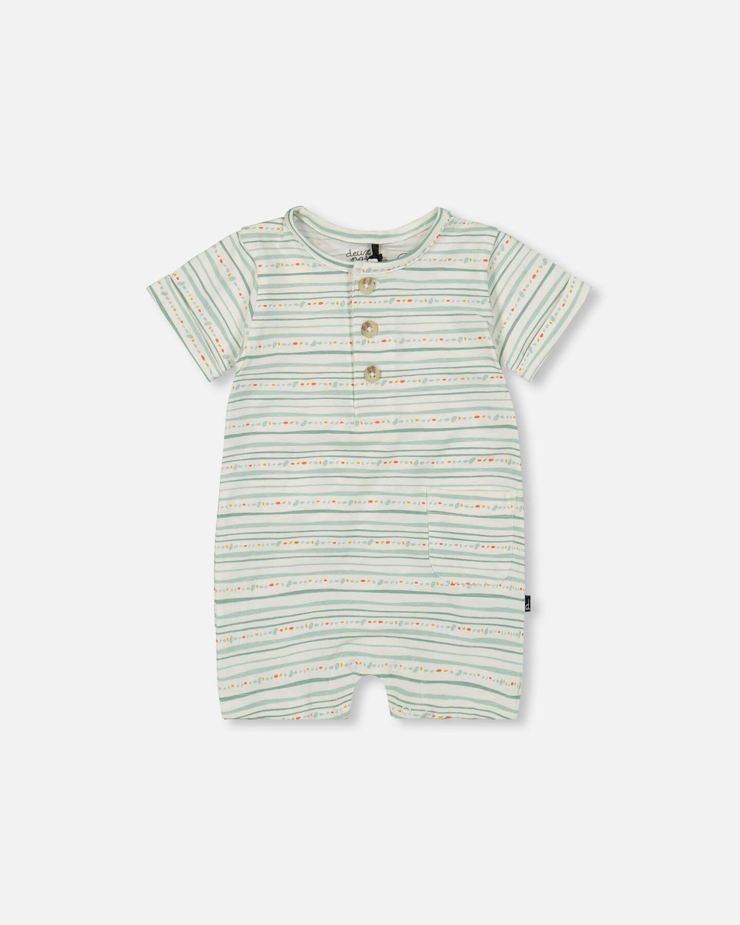 Organic Cotton Romper White Printed Mint Green Lines