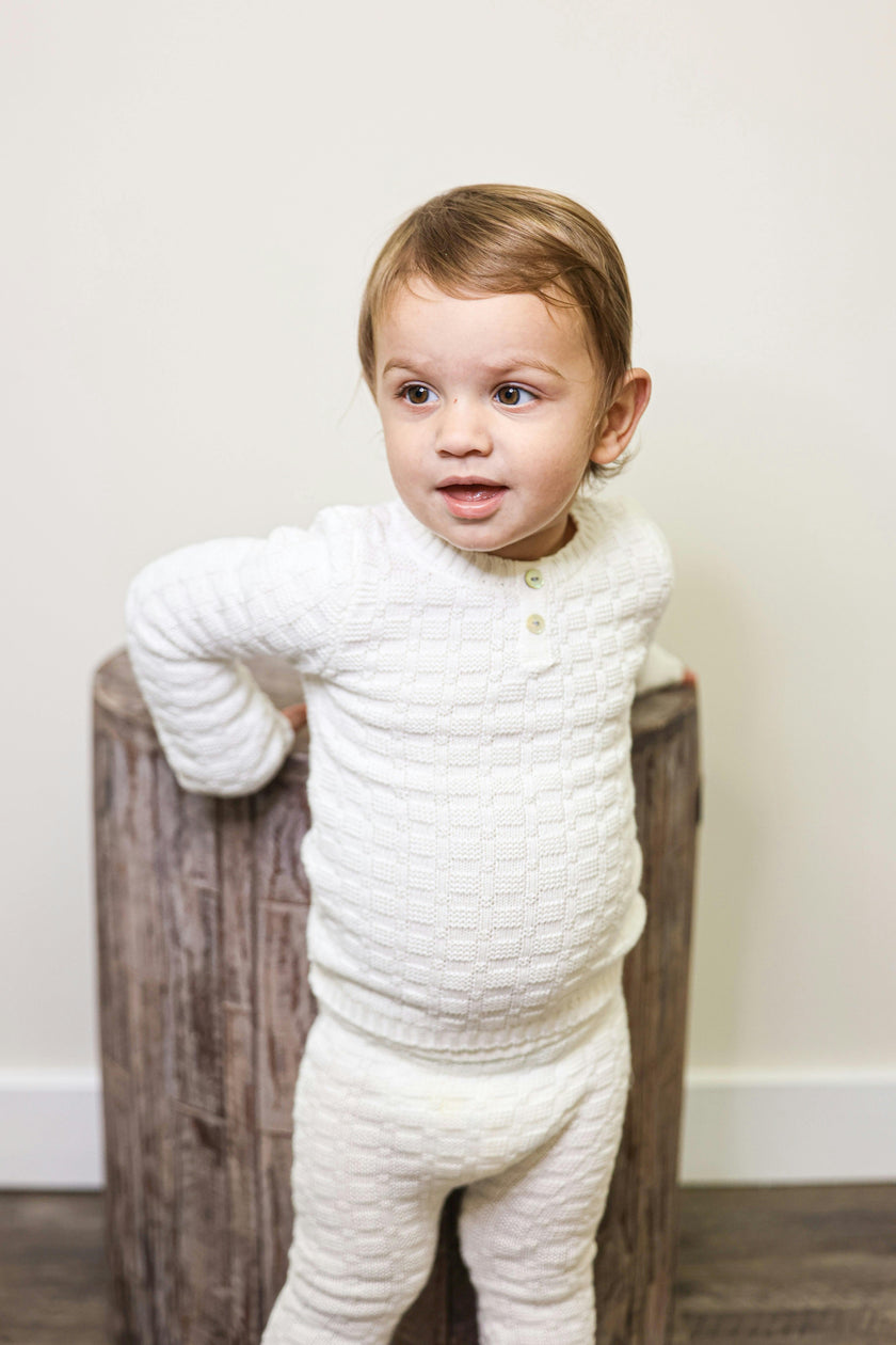 Tiny Tiles Knit Crew Neck Henley Sweater & Pant 2-Piece Set