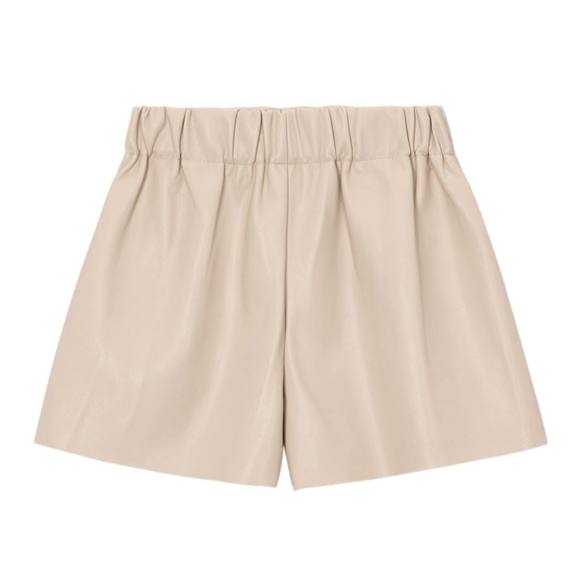 Beige Pleated Faux Leather Shorts