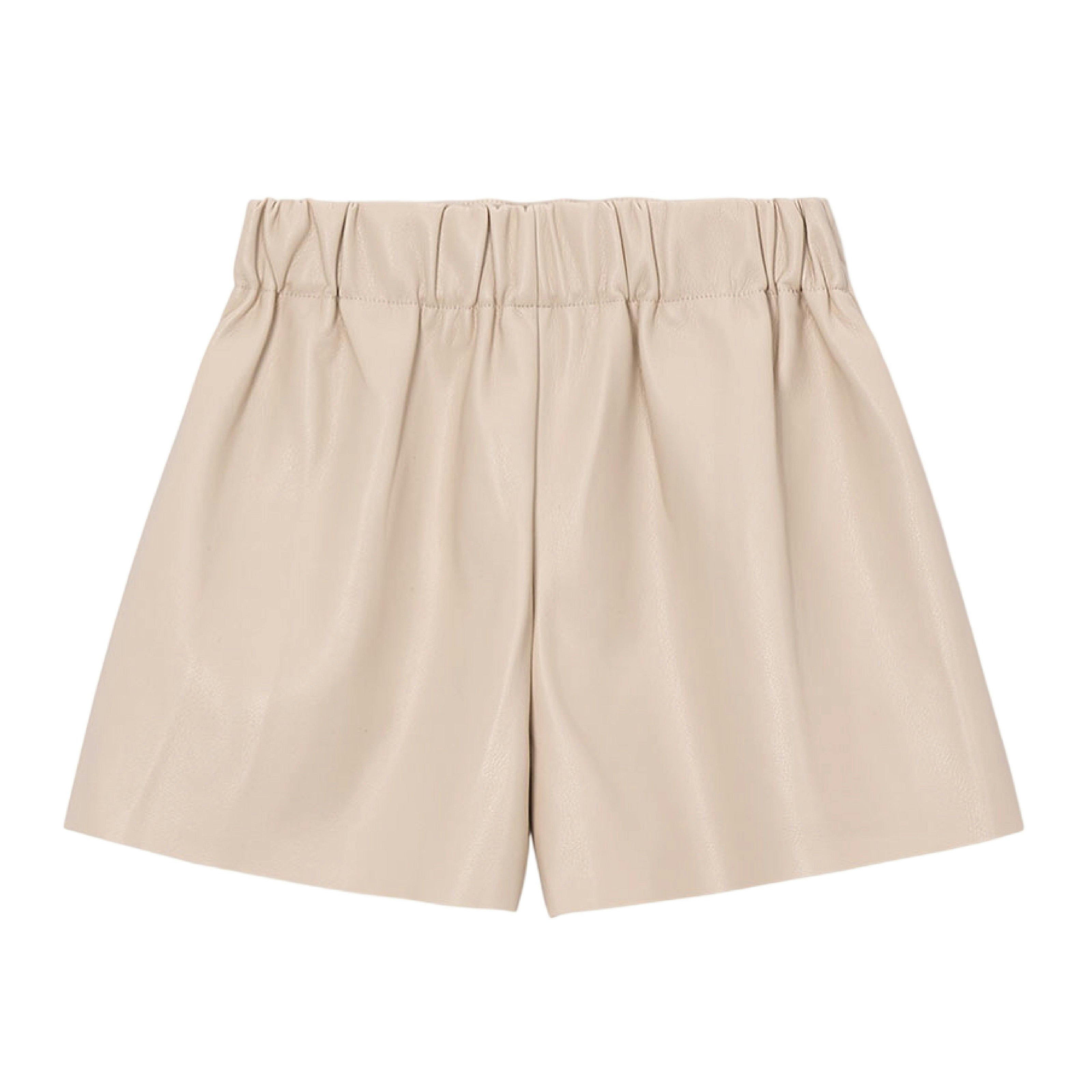 Beige Pleated Faux Leather Shorts