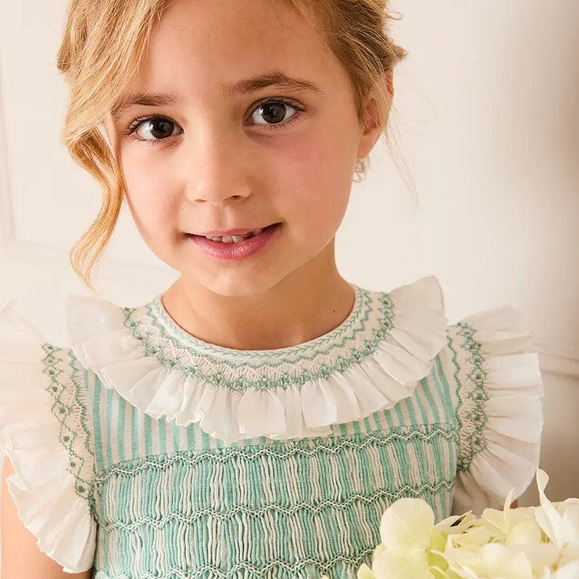 Wimbledon Stripe Hand Smocked Frill Collar Cap Sleeve Dress in Green (12mths- 10yrs)