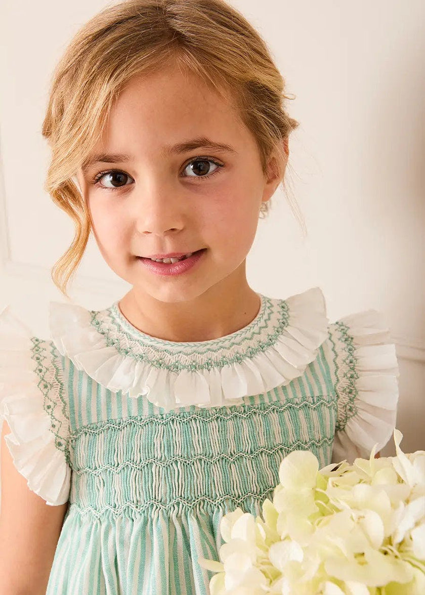 Wimbledon Stripe Hand Smocked Frill Collar Cap Sleeve Dress in Green (12mths- 10yrs)