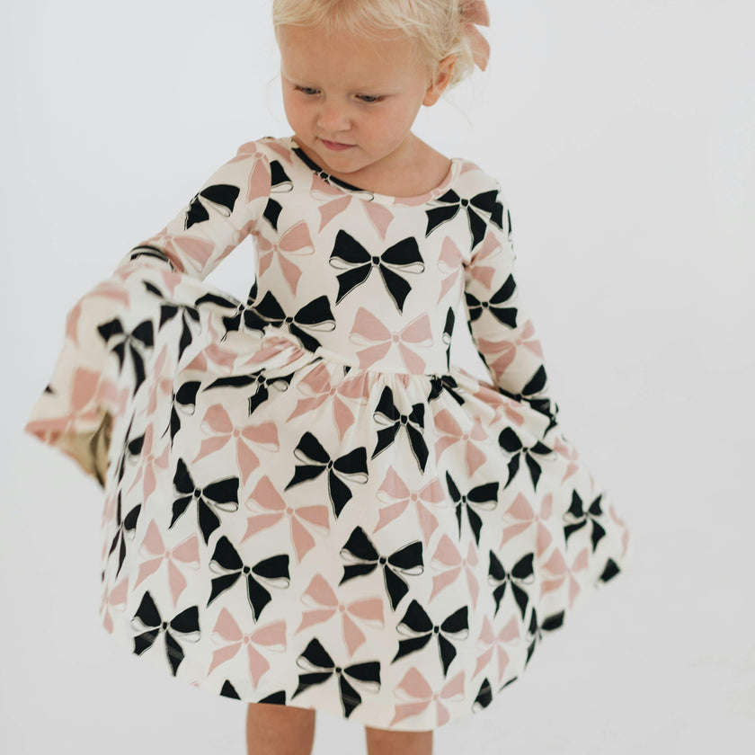 3/4 Sleeve Twirl Dress in Vintage Pink and Black Bows