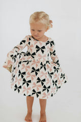 3/4 Sleeve Twirl Dress in Vintage Pink and Black Bows
