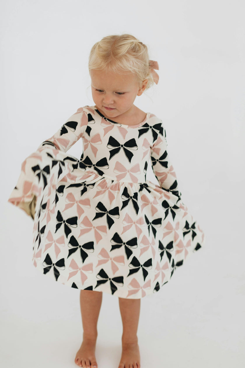 3/4 Sleeve Twirl Dress in Vintage Pink and Black Bows