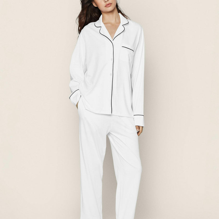 Women's Pima Pajama Set in White with Navy Piping