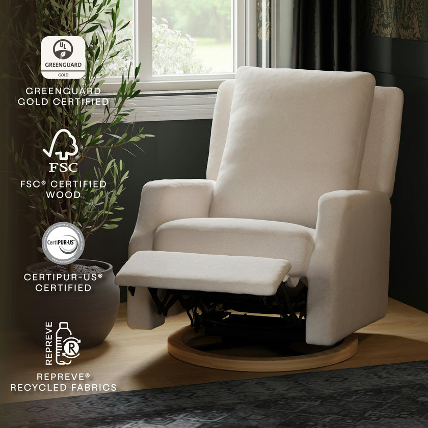 Crewe Electronic Recliner and Swivel Glider in Performance Cream Eco-Weave with Light Wood Base