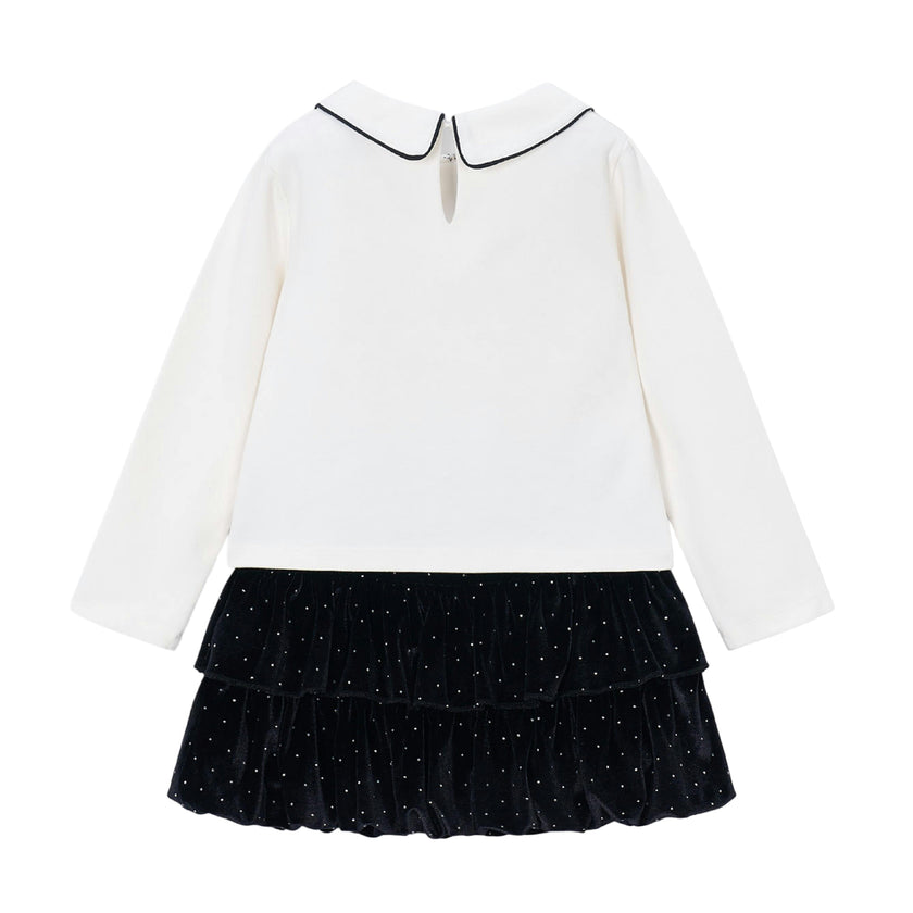Black Peter Pan Collar Top & Velvet Skirt Set