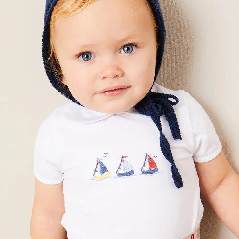 Embroidered Boat Motif Peter Pan Collar Bodysuit in White (1mth-3yrs)