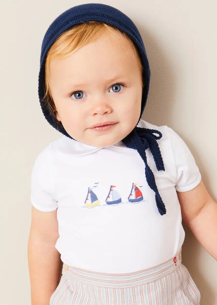 Embroidered Boat Motif Peter Pan Collar Bodysuit in White (1mth-3yrs)