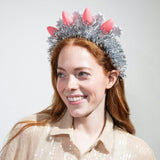 Packed Party Tinsel Topper Christmas Light Novelty Headband - Silver Tinsel with Pink Christmas Lights and Silver Glitter Stars for Holiday Parties, One Size