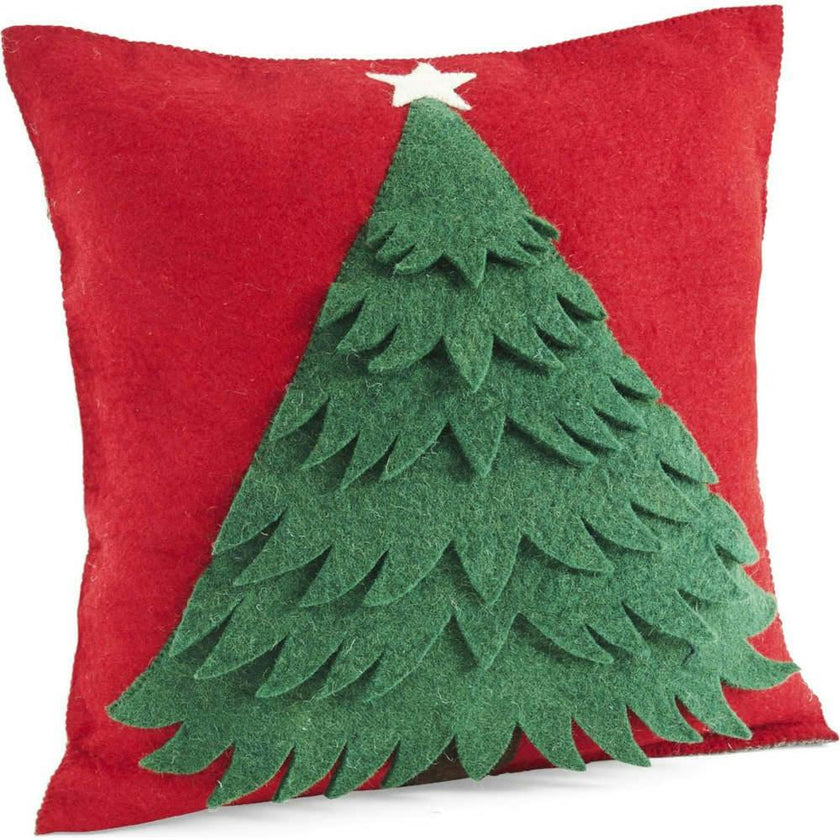 Handmade Christmas Pillow Hand Felted Wool - Tree Red - 20" / 14" Arcadia Home