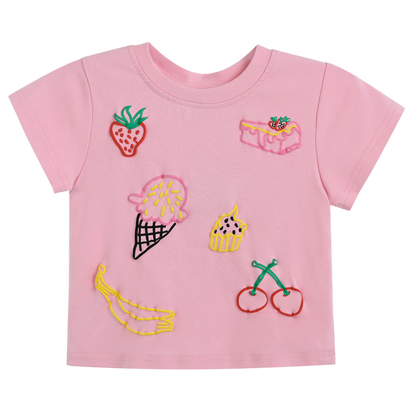 Pink Tee with Food Motifs