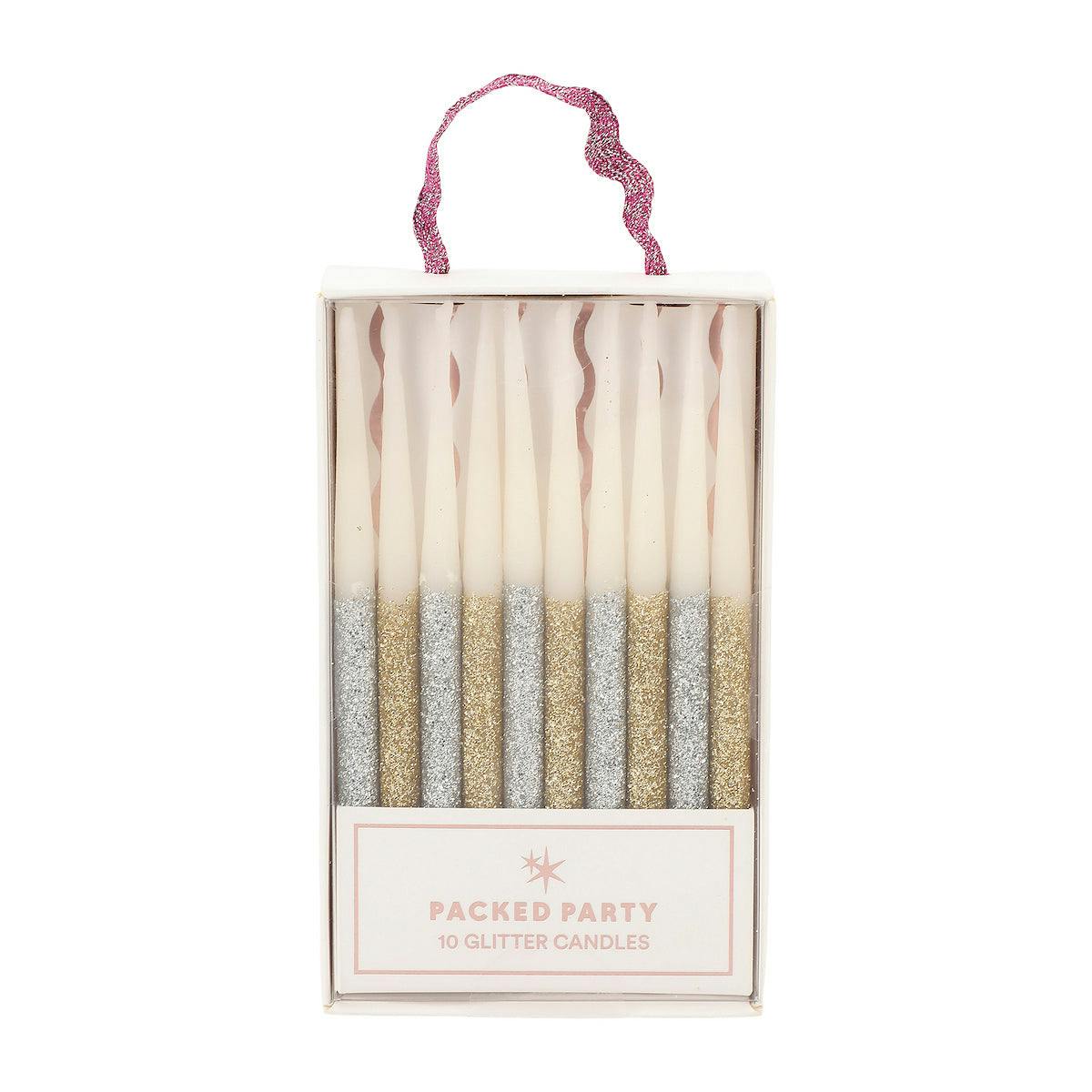 Packed Party More Metallic More Fun Gold Silver Birthday Candle Set of 10 - Metallic Glitter Beeswax Candles for Birthday Cakes and Cupcakes