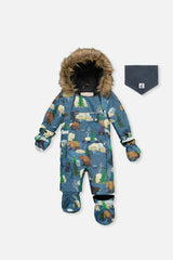 Baby One Piece Snowsuit Adapted For Car Seats Blue Bear Print