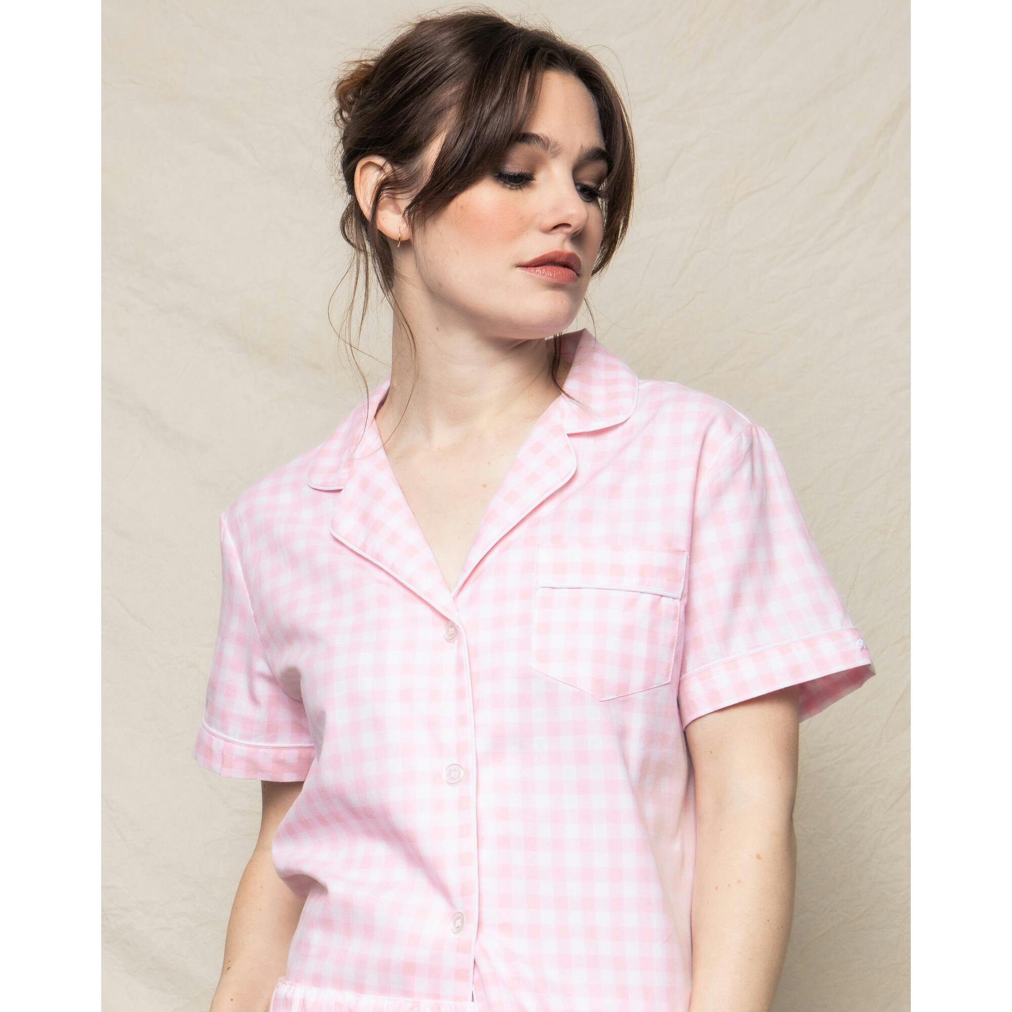 Women's Twill Pajama Short Set in Pink Gingham