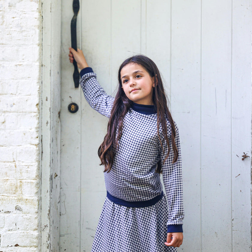 Soft Gingham Ribbed Waist A-Line Short Skirt