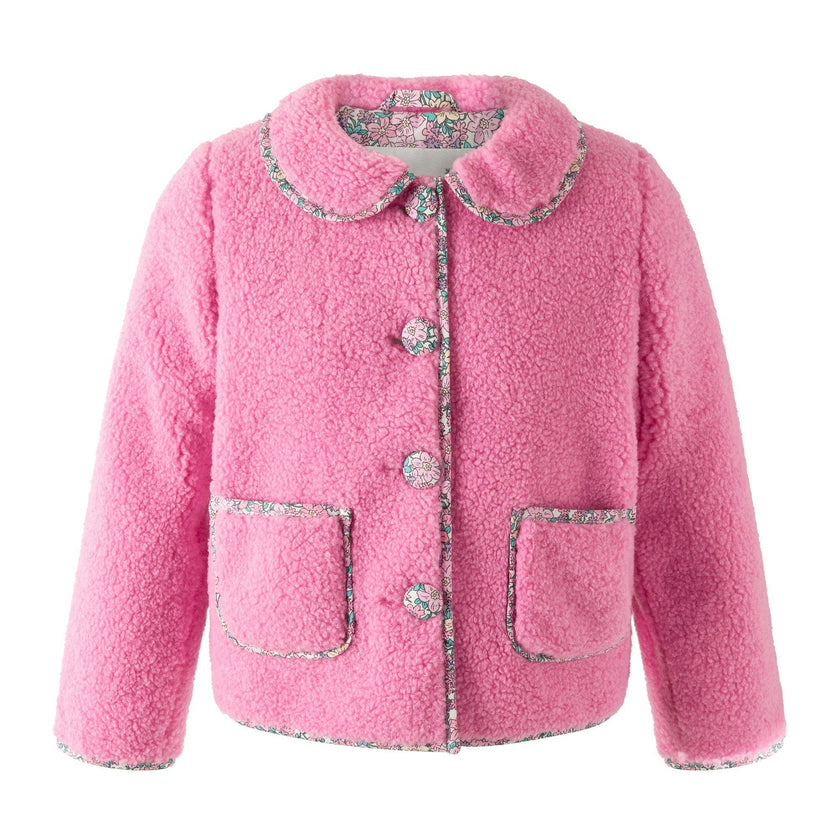 Pink Shearling Floral Trim Jacket