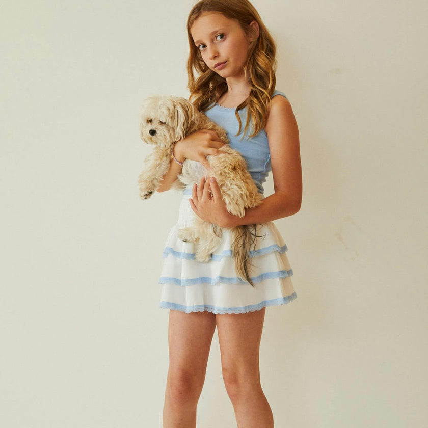 Gemma White With Blue Lace Satin Mini Skirt