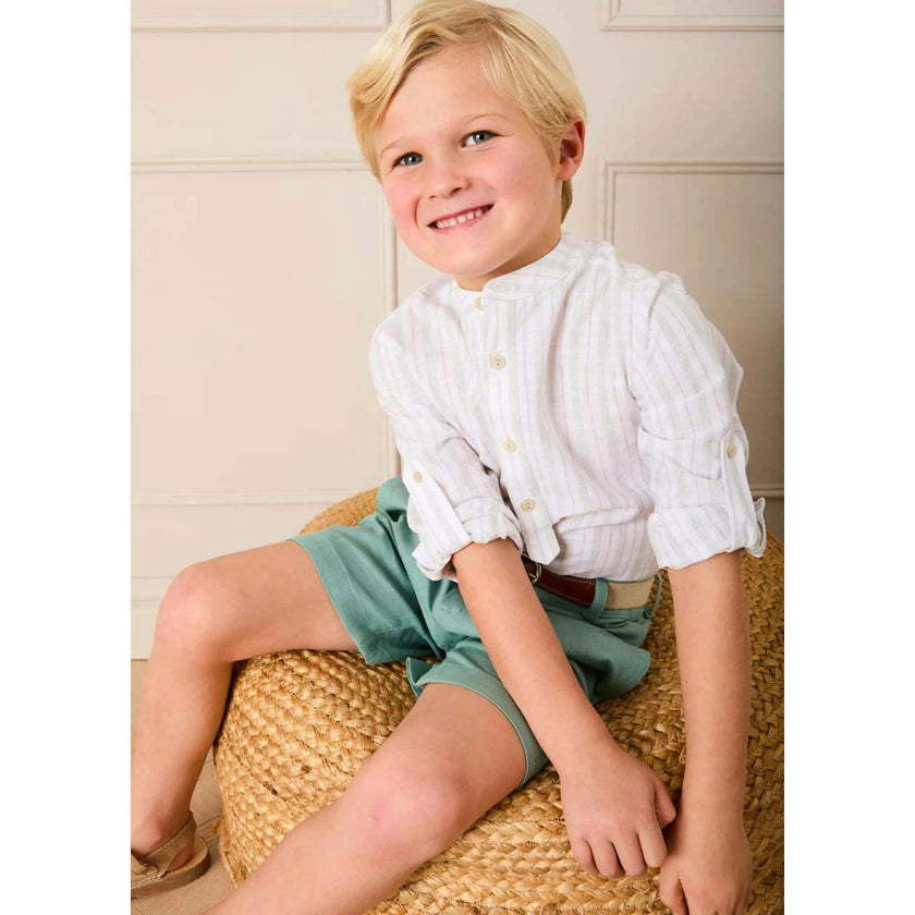 Hampton Stripe Mao Collar Shirt in Green (3- 10yrs)